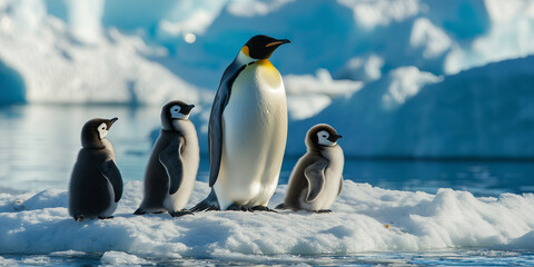 Group of penguins in snow Arctic environment. World penguin day