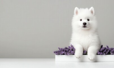 Adorable fluffy white Samoyed puppy sitting on a table with lavender flowers in a white planter, capturing the essence of cuteness and tranquility in a minimalistic setting