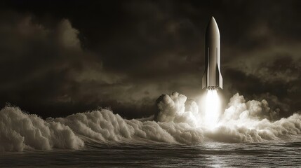 A rocket launches above stormy ocean waves into the darkened sky