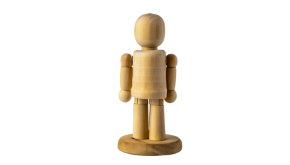 a wooden mannequin figure stands on a base