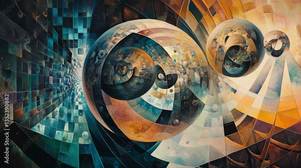 Poster abstract spherical composition with geometric and fractal elements