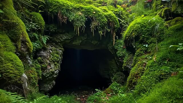 Lush Green Mossy Forest Concealing Dark Cave Entrance with Sunlight Beam