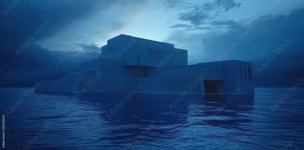 Poster a large building rests partially submerged in water