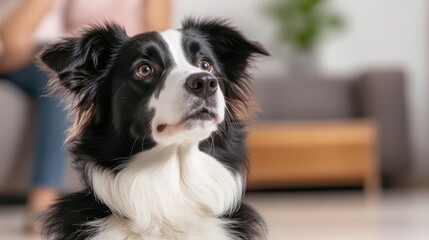 A focused look from a dog with striking black and white fur in a bright indoor space, embodying curiosity and attentiveness in a serene atmosphere.