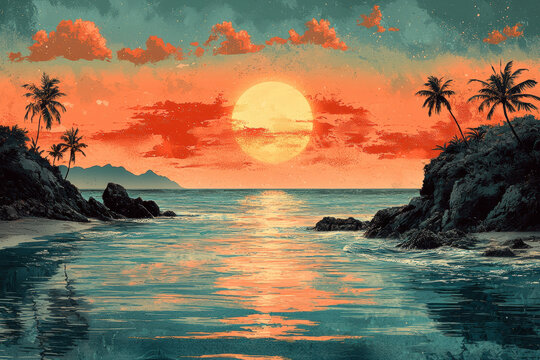 vibrant sunset over tropical beach with palm trees, reflecting on calm waters, evokes serene and groovy atmosphere