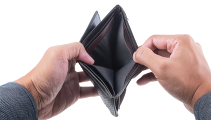 the empty wallet is being held open by a person's hands, symbolizing financial hardship and lack of money