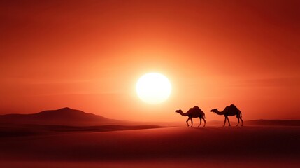 Two camels stand against a stunning backdrop of a vivid orange sunset, showcasing the beauty of the desert's landscape and the elegance of these iconic animals.