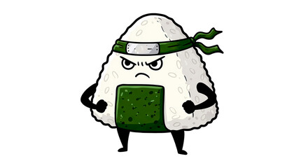 manga comic style, heroic onigiri character, determined eyes, samurai headband