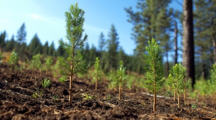 Reforestation: Young Pine Saplings in a Replanted Forest