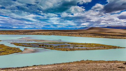 The delta of La Leona river flowing into Lago Argentino, Patagonia, Argentina