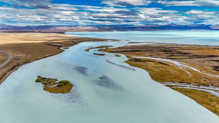 The delta of La Leona river flowing into Lago Argentino, Patagonia, Argentina