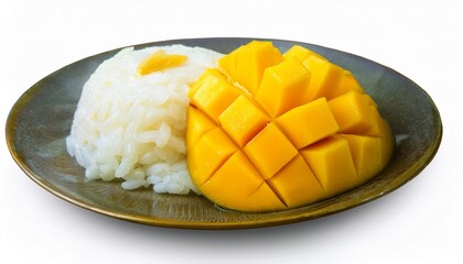 a plate of delicious mango sticky rice. This tropical dessert features a vibrant yellow mango served alongside sticky rice