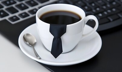 Coffee Cup with a Tie Decoration on a Saucer Placed on a Keyboard, Symbolizing Professionalism and Work Environment in an Office Setting