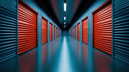 This striking image presents a brightly lit corridor of storage units, highlighted by the vivid red doors that create an engaging visual contrast and a sense of order.