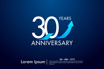 30th years anniversary celebration emblem. anniversary logo isolated with arrow growth up and blue ribbon on dark blue background. vector illustration template design for web, flyers, poster, greeting
