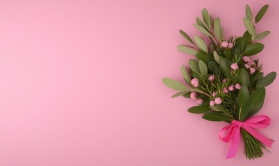 Fototapeta premium Beautiful bouquet of green leaves and delicate pink flowers with a charming pink ribbon against a soft pink background for floral design and decoration
