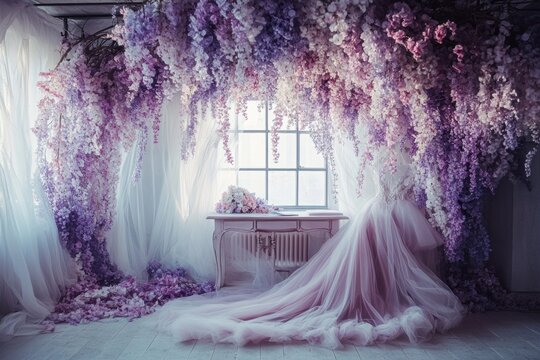 A floral decorated room with curtains and a wedding dress