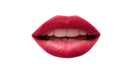 a close-up of a pair of vibrant red lips, slightly open to reveal a set of pearly white teeth