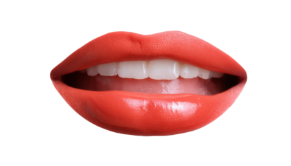 Close-up of open red lips revealing bright white teeth. The lips appear healthy and well-moisturized