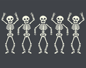 Dancing Skeletons Having Fun Together, Halloween Party Theme Illustration.