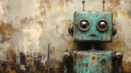 A distressed retro robot standing near an abstract city scene