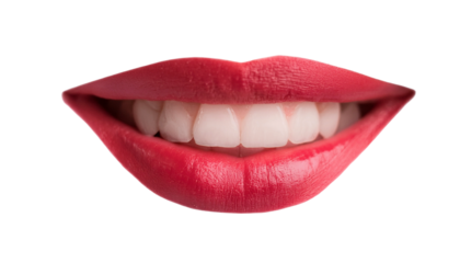 closeup shot of a smiling mouth with bright red lipstick. The smile reveals perfect, healthy, and radiant white teeth.