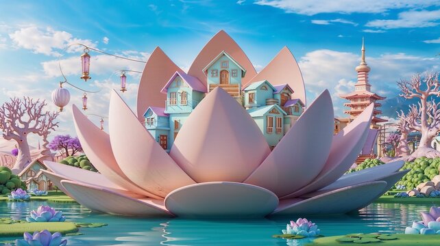 Whimsical Asian toy version Village Nestled in Pink Lotus Flower with Floating Lanterns