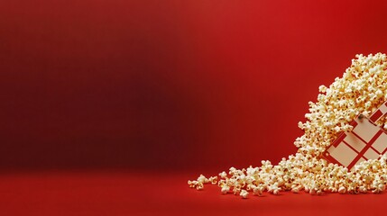 Movie concept with popcorn and clapperboard on red background, cinematic theme emphasizing film industry, box office success, ticket sales, entertainment culture, celebration, New Year film releases a
