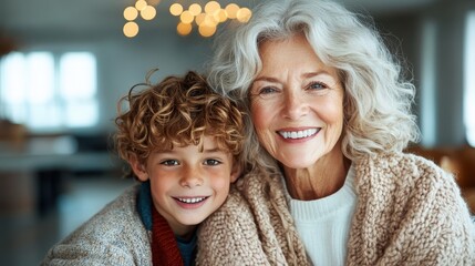 A loving grandmother and her curly-haired grandson share a heartwarming moment, both smiling joyfully while wrapped in cozy blankets in an inviting home atmosphere.