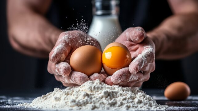 Man is holding two eggs in his hands, one of which is cracked open - Powered by Adobe