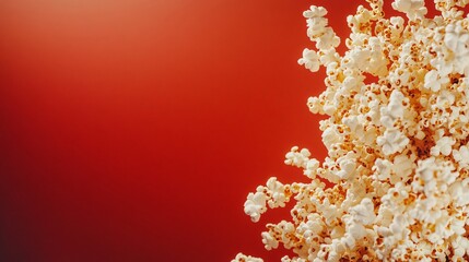 Movie concept with popcorn and clapperboard on red background, cinematic theme emphasizing film industry, box office success, ticket sales, entertainment culture, celebration, New Year film releases a