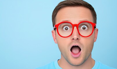 Surprised young man with red glasses showing shock and amazement against a soft blue background, conveying unexpected emotions and reactions.