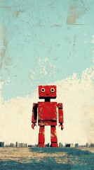 A Simple Red Robot Standing Against a Sky Background
