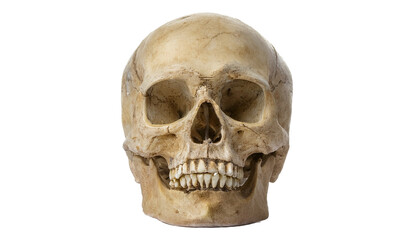 A detailed human skull isolated on a white background, showcasing its anatomical features. The skull is a light beige color and is perfectly centered in the shot.