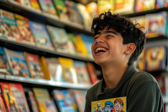 Young boy enjoys reading comics in a vibrant bookstore while laughing joyfully