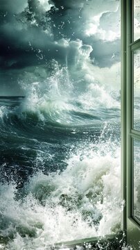 Fototapeta Turbulent ocean waves seen from a window with overcast sky