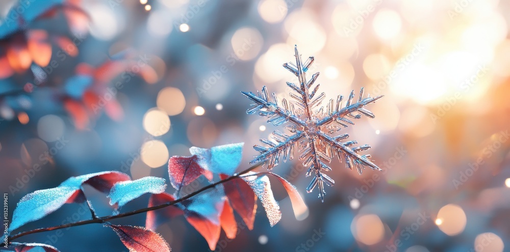 Poster a beautiful snowflake resting on a branch with leaves