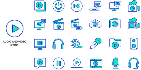 Audio and Video simple concept 24 color icons set. Contains such audio, button, camera, cinema .Vector illustration.