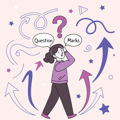 Confused Man in Business Attire Surrounded by Arrows and Question Marks Representing Uncertainty and Decision Making
