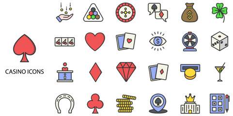 Casino simple concept 24 color icons set. Contains such ice, gambling chip, playing card .Vector illustration.