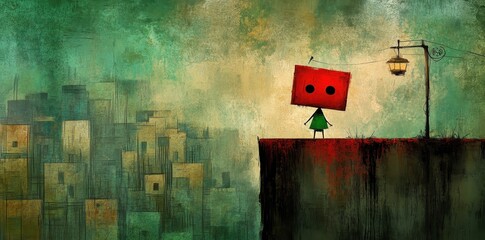 A small green figure with a red square head on a cliff