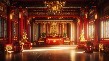 Fototapeta premium Opulent Chinese Temple Interior with Intricate Details and Golden Accents