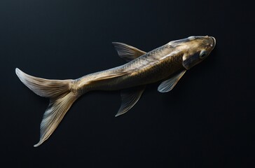 Fish isolated on pure black background with dramatic lighting, minimalist aquatic subject emphasizing elegant shape, texture and motion, suitable for food concept, marine life, creative design, luxury