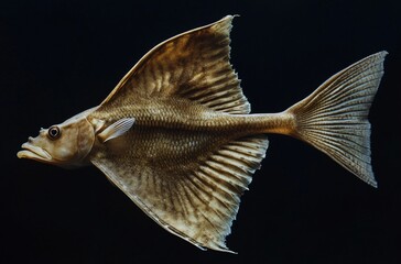 Fish isolated on pure black background with dramatic lighting, minimalist aquatic subject emphasizing elegant shape, texture and motion, suitable for food concept, marine life, creative design, luxury