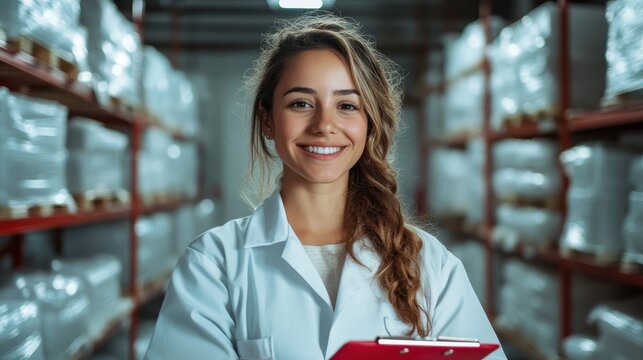 A professional woman wearing a lab coat smiles while holding a clipboard in a storage facility filled with neatly stacked packages, embodying expertise and a positive work atmosphere.