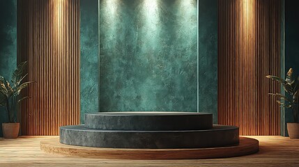 Elegant two-tiered stone display platform in a moody teal room with wood accents, perfect for product showcasing