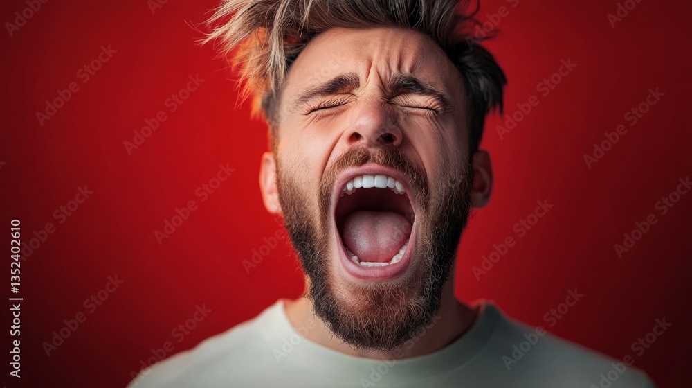 Poster man with a beard and a red background