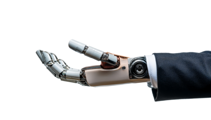 a robotic hand reaching out, symbolizing technology and innovation. The hand, part of a larger robotic arm, is positioned against a light backdrop, creating a striking contrast.