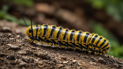 A yellow and black striped caterpillar crawling on dirt in a natural outdoor setting