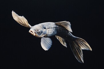 Fish isolated on pure black background with dramatic lighting, minimalist aquatic subject emphasizing elegant shape, texture and motion, suitable for food concept, marine life, creative design, luxury